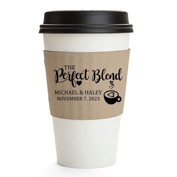 Personalized Wedding, Anniversary, Engagement Party Favors “The Perfect Blend” Coffee or Hot Chocolate Cup Sleeves, Kraft Paper Cup Sleeves, Eco-Friendly Disposable Corrugated Sleeves for 12-20oz Cups