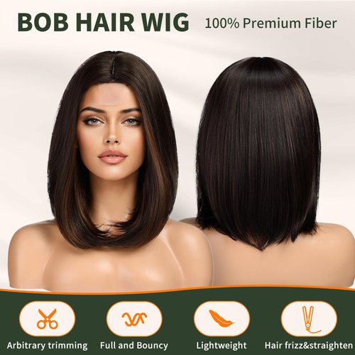 KOME Dark Brown Short Bob Wigs,Brown Straight Shoulder Length Wigs for Women,Middle Part Heat Resistant Fibre Synthetic Wig Daily Use…