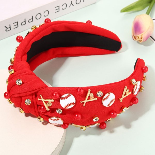 Baseball Headband for Women Crystal Pearl Knotted Headband Baseball Charms Rhinestone Beaded Embellished Headband Wide Top Knot Game Day Headband Accessories Sports Fan Gifts (Red Baseball 2)