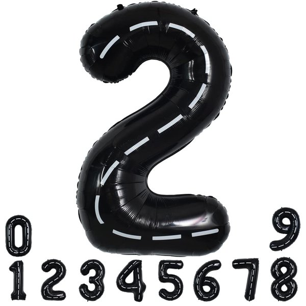 TONIFUL Race Car Black Balloons Car Birthday Party Supplies,40 Inch Giant Jumbo Helium Foil Mylar Big Number 2 Digital 2 Balloons for Boy's Birthday Party Truck Race Car Theme Party Decorations