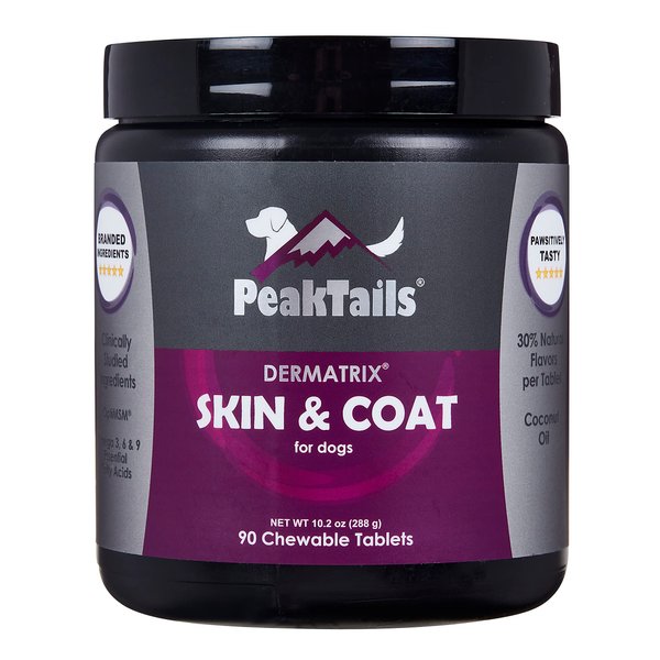 PeakTails Dermatrix, 90 Count Tablets for Dogs, Supports Healthy Skin, Shiny & Reduce Excessive Shedding, Contains MSM, Fish Oil & Omega 3 & 6 Essential Fatty Acids