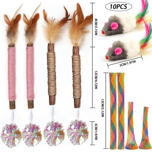 URMYONLY Catnip Chew Toys for Cats, Matatabi Silvervine Sticks, Mouse Cat Toy, Cat Crinkle Balls, Cat Springs for Indoor Cats, Interactive Toys for Cats and Kittens 10PCS