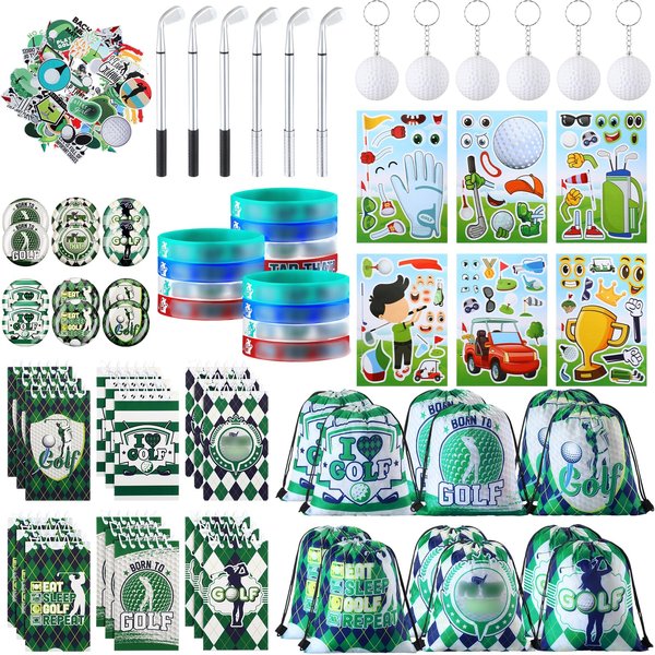 Realspring 140 Pcs Golf Party Favor Set Golf Theme Drawstring Backpacks Golf Keychain Silicone Bracelets Spiral Notepads Golf Club Pen Golf Stickers Badges for Golf Party Supplies Goodies Bags Filler