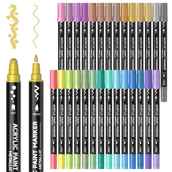 28 Metallic Colors Dual Tip Acrylic Paint Markers, Dot Tip and Fine Tip Acrylic Paint Pens for Rock Painting, Ceramic, Wood, Canvas, Plastic, Glass, Stone, Calligraphy, Card Making, DIY Crafts