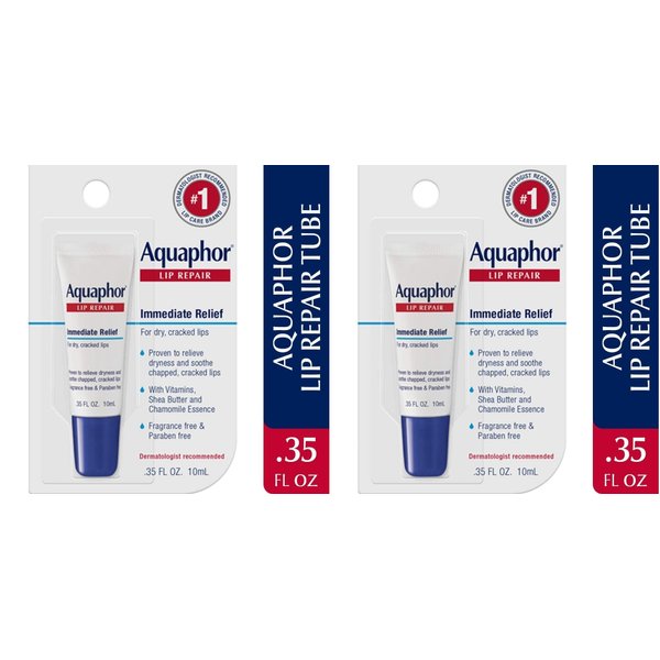 Aquaphor Lip Repair Ointment - Long-lasting Moisture to Soothe Dry Chapped Lips - .35 fl. oz. Tube (Pack of 2)