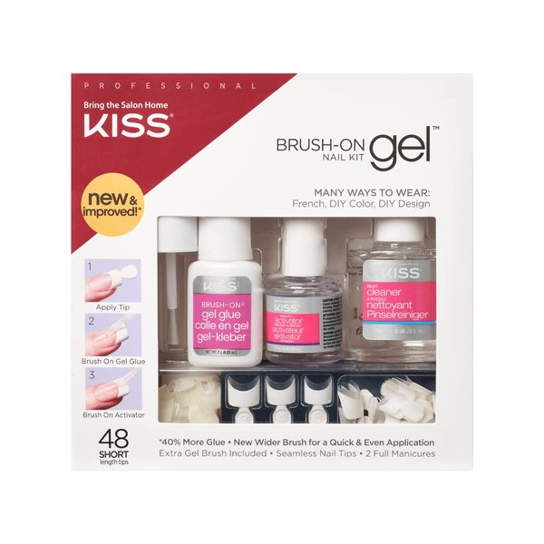 KISS Brush-On Gel Finish Fake Nail Kit French Manicure Set, 48 Short Length Square Shaped French & Natural Glue-On Nail Tips