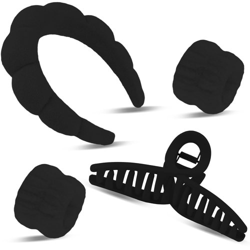 SuPoo 4pcs Face Wash Headband and Wristband Set Black Sponge Makeup Headband Puffy Skincare Headband Terry Cloth Spa Headband Cute Wrist Towels Hair Band for Washing Face Accessory with Claw Clips