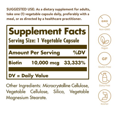 Solgar Biotin 10000 mcg Vegetable Capsules Energy Metabolism Promotes Healthy Skin Nails Hair Super High Potency NonGMO Vegan Gluten Free Dairy Free Kosher Servings, Standard Packaging, Unflavored, 120 Count
