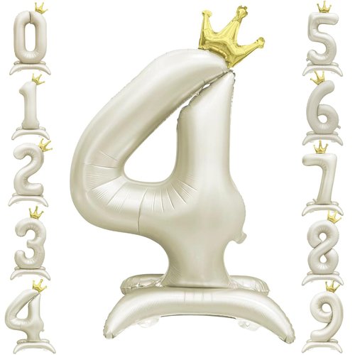 Eoopoon 42 Inch Crown Birthday Number Balloon 4, Big Size Number 4 Balloon with Base for Boy Girl Birthday Party Decoration, Anniversary Decor Theme Party Supplies (Cream White 4)