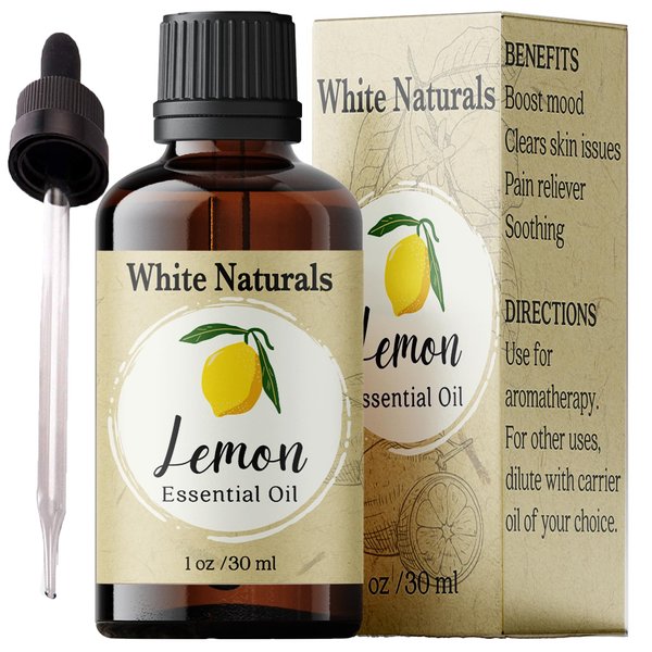 Organic Lemon Essential Oil by White Naturals, 100% Natural and Pure, Therapeutic Grade for Aromatherapy, Massage, Household Cleaning, Hair Care, Skincare, DIY Soap Making & Diffuser, Vegan 1 Ounce