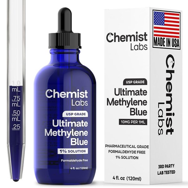 Chemist Labs 1% Methylene Blue Drops Pharmaceutical Grade 99% Purity USP Grade, Blue Methylene, Cellular & Mitochondrial Support, Third-Party Tested, Made in USA, 4oz