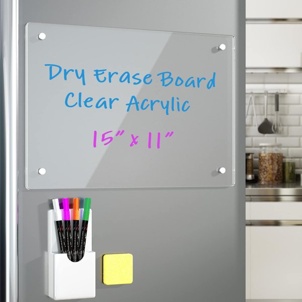 Note Board Refrigerator Dry Erase Board Magnetic Clear 15”x11" Includes 4 Dry Erase Markers (White)