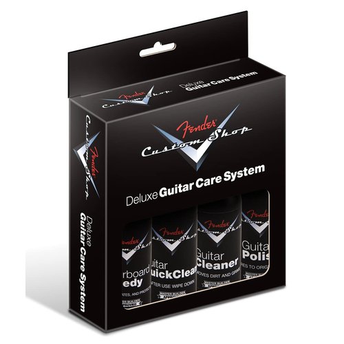 Fender Guitar Super Care Kit Bundle with Speed Stick String Cleaner, Custom Shop Deluxe Guitar Care System 4 Pack, Super-Soft Dual-Sided Microfiber Cloth, and Fender Factory Microfiber Cloth