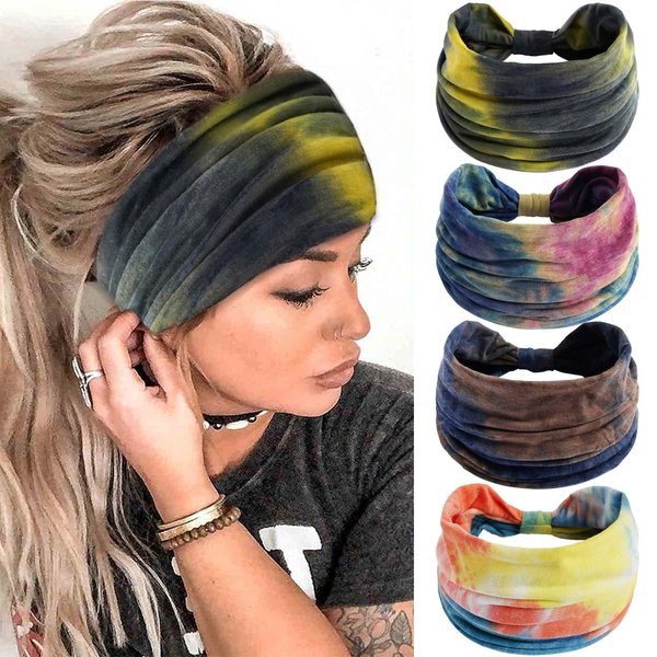 SAWINDA Boho Headbands for Women Tie Dye Soft Elastic Knotted Turban Hair Bands Summer Sports Yoga Sweatbands Bohemian Head Wraps for Women Hair Accessories (Pack of 4)