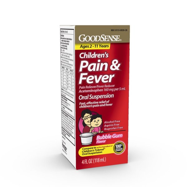 GoodSense Children's Pain Reliever Oral Suspension Liquid, Bubble Gum Flavor, Acetaminophen 160 mg per 5 mL, Effective, Safe Pain Reliever/Fever Reducer for Children Age 2-11 Years, 4 Ounces