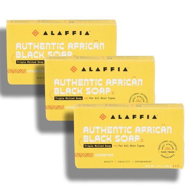 Alaffia Authentic African Black Soap Triple Milled, Long-Lasting and Ultra-Moisturizing Soap Bar, Unscented 5 Oz (Pack of 3)