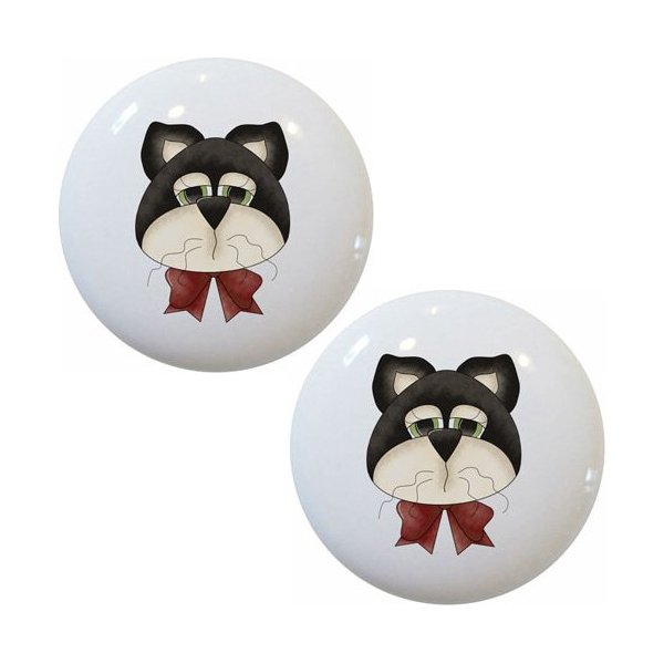 Set of 2 Black & White Cat Face Ceramic Cabinet Drawer Knobs