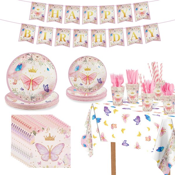 194 Pcs Butterfly Birthday Party Decorations, Butterfly Party Supplies for 24 Guests, Includes Plates, Cup, Napkin, Knife, Fork, Spoon, Straw, Banner, Tablecloths for Girls Butterfly Party Decor