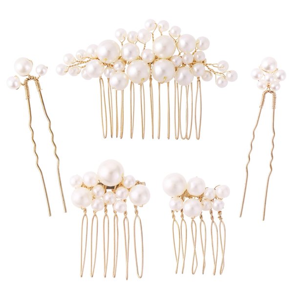 5PCS Pearl Bride Wedding Hair Comb Pearl Hair Pins Set Gold Bridal Side Comb U Shape Bridal Hair Clip Wedding Pearl Hair Combs Set Headpiece Vintage Bride Hair Accessories Wedding for Bridal(Gold)