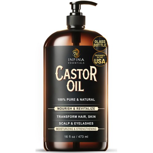 INFINA ESSENTIALS Pure Castor Oil for Hair Growth, Scalp, Skin, Face & Eyelashes - 100% Pure Hexane Free Cold Pressed Castor Oil Glass Bottle - Nourish & Moisturize Hair & Skin - 16 fl oz
