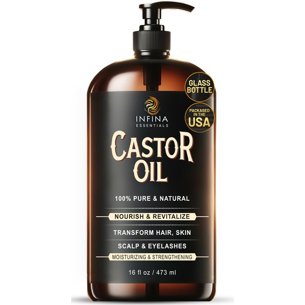 INFINA ESSENTIALS Pure Castor Oil for Hair Growth, Scalp, Skin, Face & Eyelashes - 100% Pure Hexane Free Cold Pressed Castor Oil Glass Bottle - Nourish & Moisturize Hair & Skin - 16 fl oz