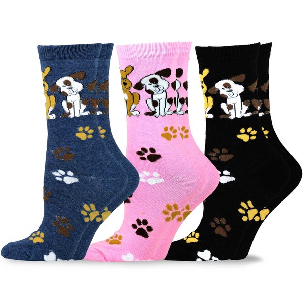 Cute Puppies on the Socks for Women Novelty Cotton Crew 3-Pairs Gift for Her (9-11, Doggies and Foot Prints)