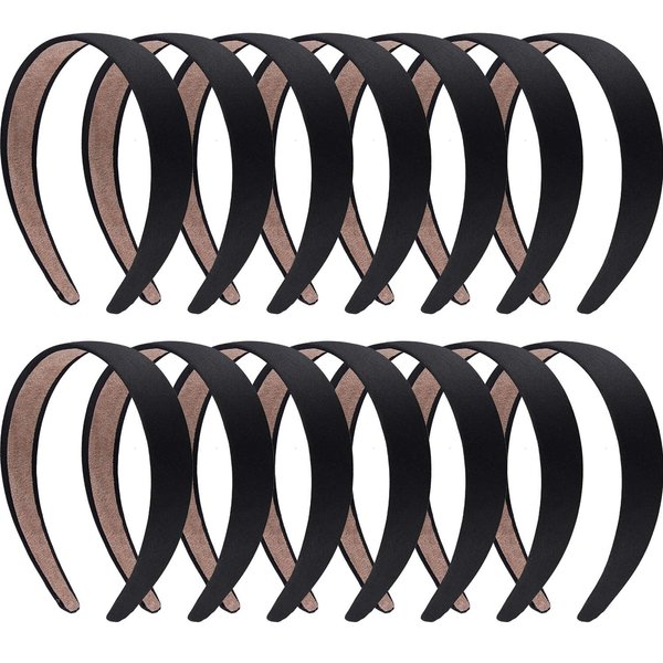 SIQUK 14 Pieces Satin Headbands 1 Inch Non-slip Ribbon Headband Black Hair Headbands DIY Satin Hard Headbands for Women Girls
