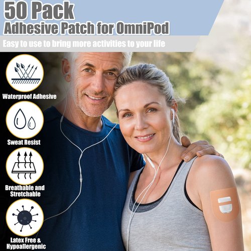 Nuanchu 50 Pieces Adhesive Patches Compatible with Omnipod Shower Waterproof Pre-Cut Adhesive Patches with Strap Pre-Cut Sweatproof Tape Continuous Glucose Monitor Protection (Beige)