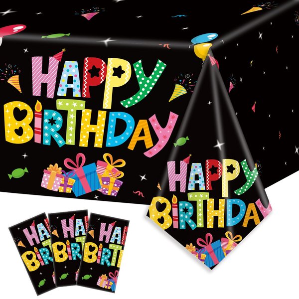3pcs Happy Birthday Party Tablecloth Colorful Birthday Table Cover Black Plastic Dinner Rectangular Tableware Birthday Theme Table Cloth for Boys Girls Birthday Party 108×54 inch