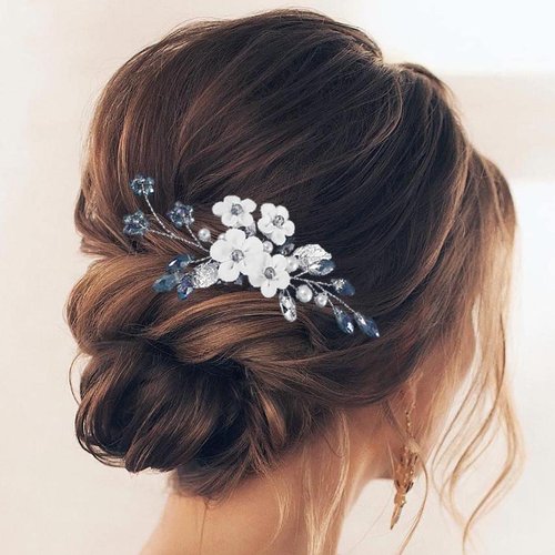 Earent Bride Wedding Flower Hair Comb Blue Crystal Hair Piece Bridal Hair Accessories Wedding Leaf Side Combs for Women and Girls