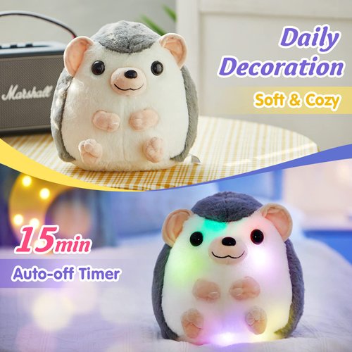 BSTAOFY 10'' Light up Hedgehog Stuffed Animal Glow Soft Plush Toy LED Nightlight Bedtime Gift for Toddlers Kids on Birthday Christmas Valentines Day