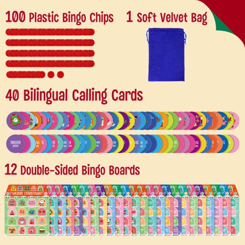 Christmas Bingo Game, 12PCS Bilingual English and Spanish Bingo Board Game, 12 Players Bingo Game Set for Teenager or Adults Xmas Party, Fun Interesting Activity Winter Party Supplies