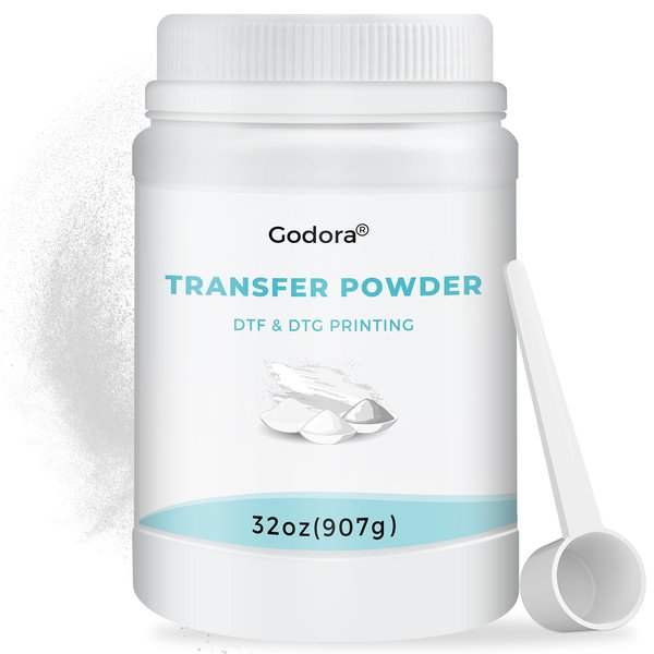Godora DTF Powder White Digital Transfer Hot Melt Adhesive 907g / 32oz, DTF PreTreat Transfer Powder for All DTF and DTG Printers, DTF Hot Melt Adhesive Powder for All Fabric