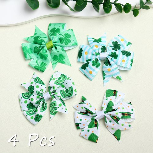 4 Pcs St Patricks Day Hair Bow Clips Clover Hat Printed Bow Hair Pins Grosgrain Ribbon Hair Bows Alligator Clips St. Patrick's Day Party Hair Accessories Irish Headwear for Toddlers Girls Kids