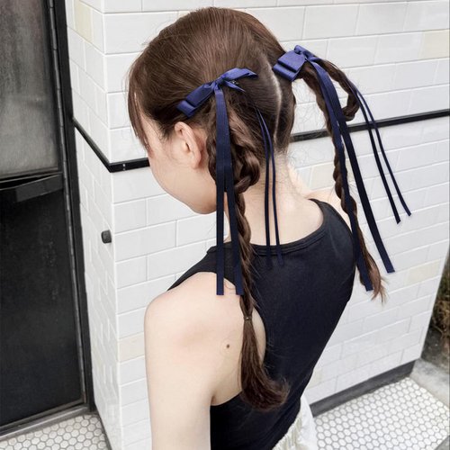 VOBOBE 2PCS Hair Bows for Women Girls, Tassel Glitter Ribbon Bowknot Hair Clips Barrettes for Girl with Small Long Tail Solid Satin Hair Accessories (Navy)