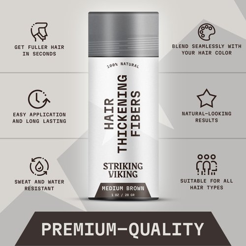Striking Viking Hair Fibers for Thinning Hair - Hair Building Fibers (Medium Brown) 28g - Naturally Derived Formula - Long Lasting Hair Powder for Undetectable, Thicker Looking Hair for Men & Women