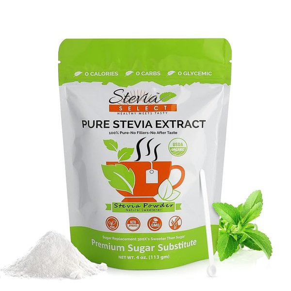 Stevia Select Organic Stevia Powder - Sugar Free Plant Based Stevia Sweetener Non GMO Pure Stevia Extract - Sugar Substitute No Fillers Zero Calorie 4 Oz