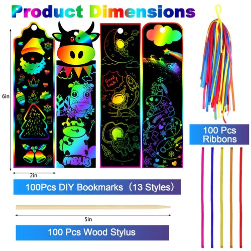 Tcvents 100 Sets Scratch Art Bookmarks Making Kit for Kids, Scratch Paper DIY Animal Bookmarks Bulk with 100 Pcs Ribbons and 100 Pcs Wood Stylus for Classroom Activities Party Favors, 13 Styles(B)