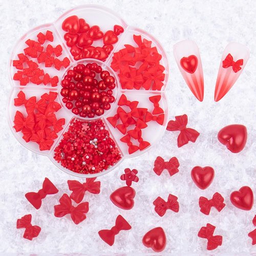 SHANRUN Red Bow-Knot Nail Charms - Cute Kawaii 3D Pearls Resin Acrylic Loving Heart Nail Gems Bow Nail Charms for Press on Nails Art Design DIY Nail Art Rhinestones Decoration Supplies Set