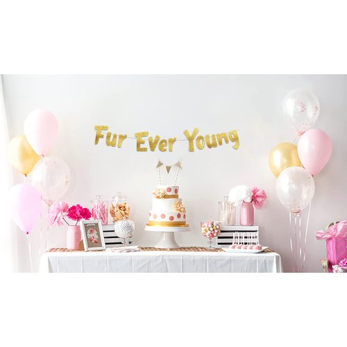 Furever Young Gold Glitter Banner – Dog Birthday Banner – Cat Birthday Decorations – Funny Puppy and Kitten Birthday Party Supplies and Gifts