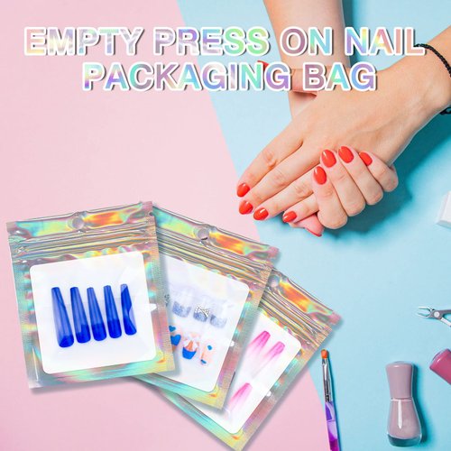 Lokyango Press on Nail Packaging Bag, 50PCS Empty Holographic Nail Storage Bag and 50PCS White Cardboard with 1 Roll Transparent Tape for Handmade Nails Business Nail Display (50pcs)
