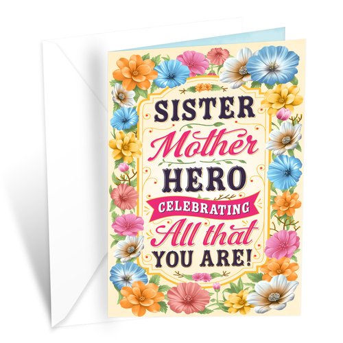 Prime Greetings Sister Mother's Day Card, Made in America, Thick Card Stock with Premium Envelope Packaged in a Reusable Presentation Mailer, Eco-Friendly, 5in x 7.75in