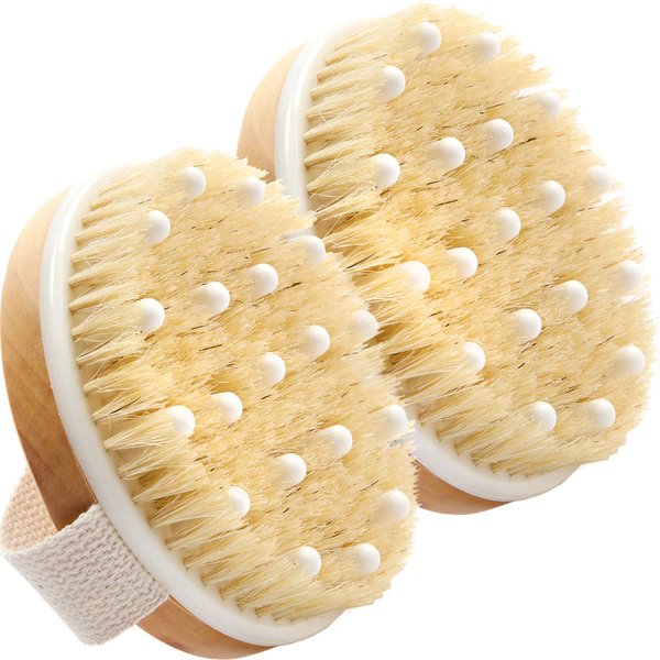 Dry Brushing Body Brush (2 Pack, Reduce Cellulite) Dry Brush for Cellulite and Lymphatic Drainage, Exfoliating Brush with Soft Massage Nodules, Shower Brush Body Scrubber 100% Natural Bristle Brush