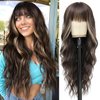 Beaurocks Brown Wigs With Bangs Long Wavy Brown Hightlight Wigs For White Women Blonde Wigs With Bangs Natural Curly Synthetic Wig for Women Daily Party Use 24inch (Brown Mixed Blonde)