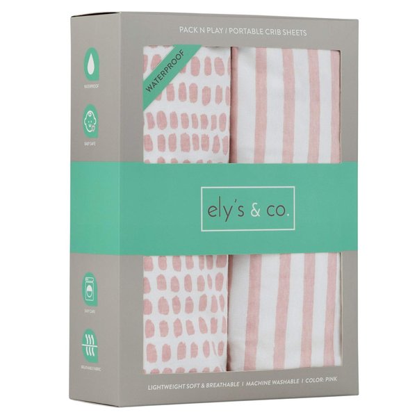 Ely's & Co. Patent Pending Waterproof Pack N Play/Mini Portable Crib Sheet with Mattress Pad Cover Protection I Mauve Pink Stripes and Splash by Ely's & Co.