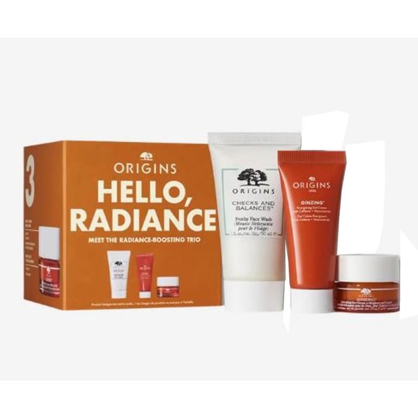 Origins Hello, Radiance Meet The Radiance-Boosting Trio Set - Face Wash - Gel Cream and Eye Cream - Travel Size - New In Box