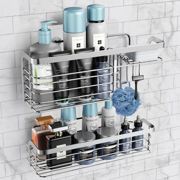 Smatorga Adhesive Shower Caddy 2 Pack Shower Organizer Shelf, No Drilling Stainless Steel Bathroom Storage Rack for Inside Shower Shampoo Conditioner Holder,Silver (Shower Caddy Sliver)
