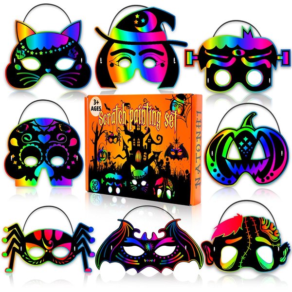 Natonhi 32Pcs Halloween Crafts for Kids Rainbow Scratch Mask, Halloween Games Scratch Art and Craft Kit Halloween Classroom Activities Favors Party Supplies