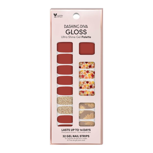 Dashing Diva Gloss Nail Strips - Fallen Leaves | UV Free, Chip Resistant, Long Lasting Gel Nail Stickers | Contains 32 nails, 1 Prep Pad, 1 Nail File