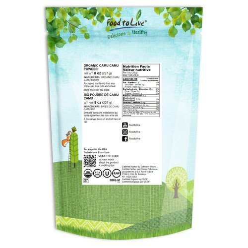 Food to Live Organic Camu Camu Powder, 8 Ounces - Non-GMO, Kosher, Raw, Vegan Superfood, Bulk, Non-Irradiated, Pure, Great for Baking, Drinks and Smoothies, Rich in Vitamin C and Antioxidants